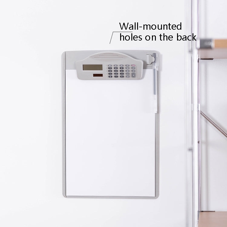 Wall-mountable white A4 writing folder with built-in calculator, mounting holes