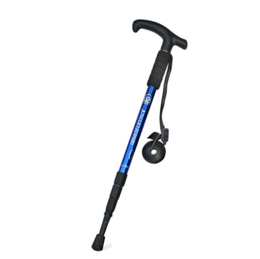 Blue trekking pole with curved T-handle, foam grip, and wrist strap