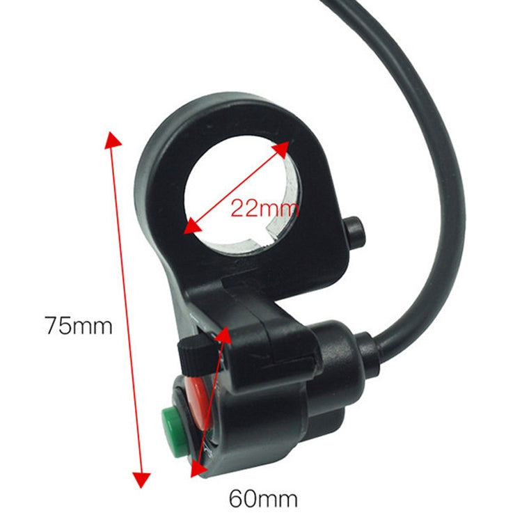 Motorcycle switch with 75mm x 60mm size and 22mm mounting hole, black body