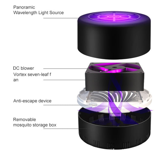 Black mosquito trap lamp with open housing showing fan unit and purple light