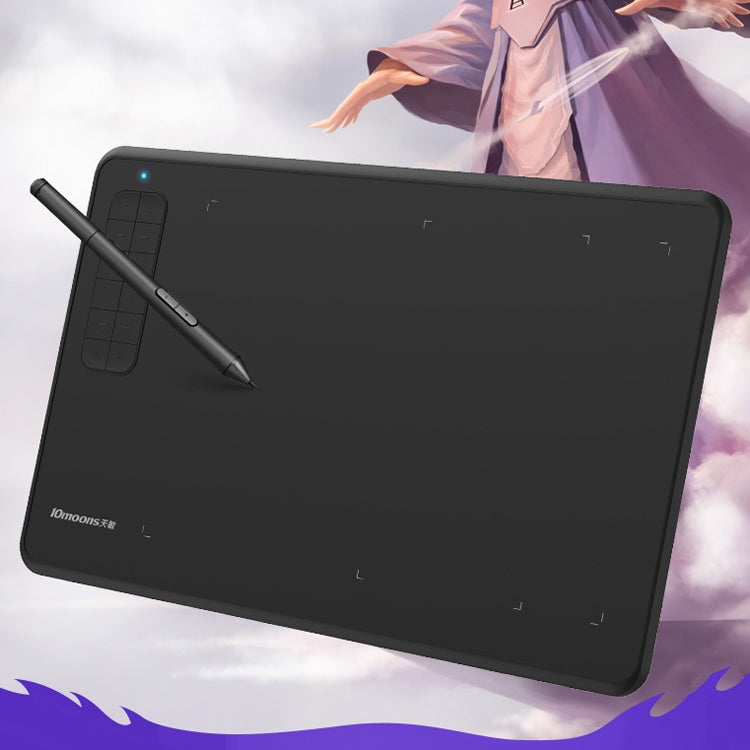 Black drawing tablet with stylus pen, angled view, and left-side shortcut panel