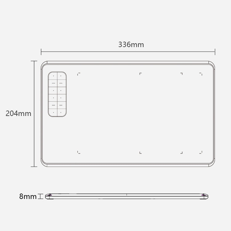 Drawing tablet with rectangular screen and left shortcut panel, front view with size marks