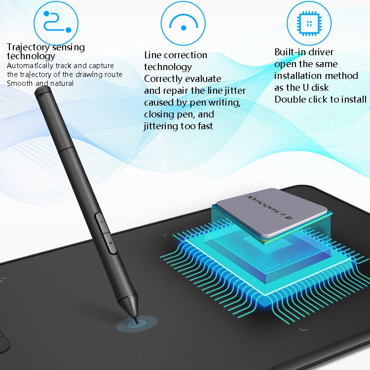 Drawing tablet with stylus pen and touch surface; controller card detail on stand