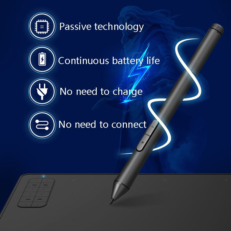 Stylus pen over black drawing tablet, with icon-style feature indicators