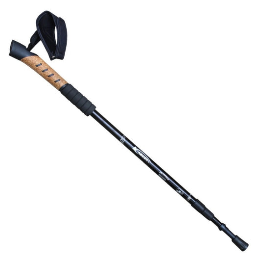 Three-section telescopic trekking pole with cork straight handle and wrist strap, dark finish
