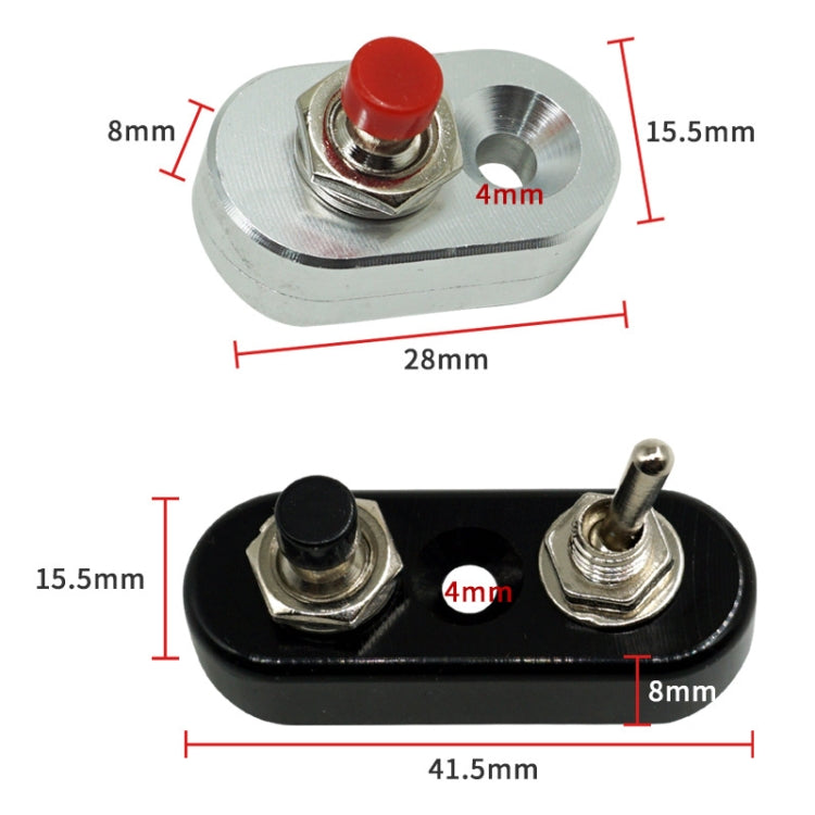 Motorcycle switch size diagram showing single silver and dual black bases with dimensions