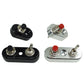 Set of motorcycle switch bases: black single, black dual, and silver dual with red cap