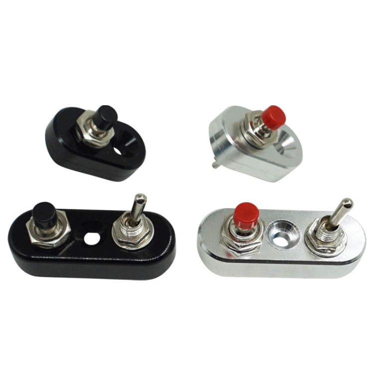 Set of motorcycle switch bases: black single, black dual, and silver dual with red cap