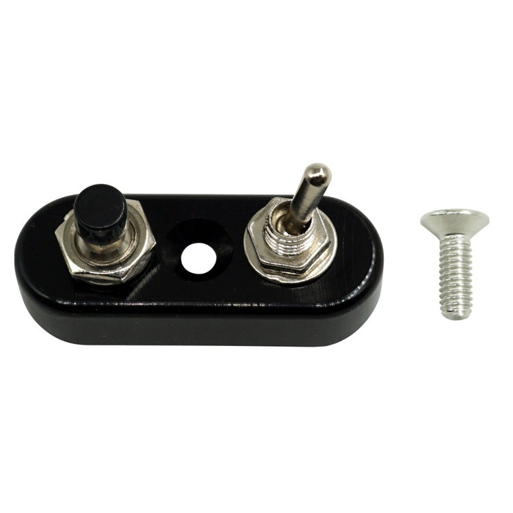 Black dual motorcycle handlebar switch plate with two terminals and mounting screw