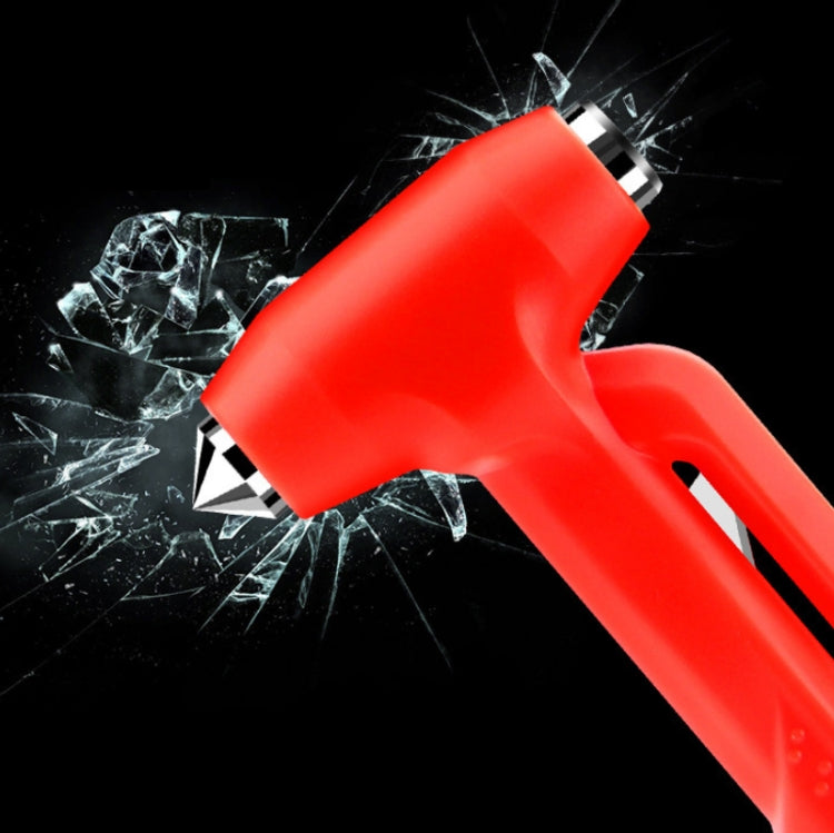 Red car emergency hammer breaking a car window with pointed metal tip