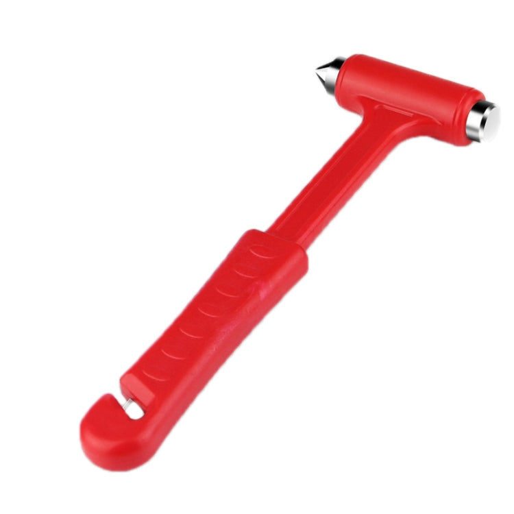 Red car emergency hammer with pointed breaker tip and looped grip end