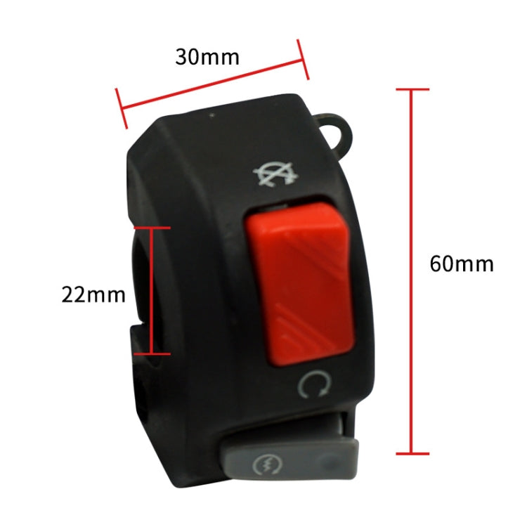 Black motorcycle switch with red rocker, 30mm by 60mm size diagram