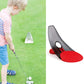 Red and black golf putting trainer with sloped track and round target opening