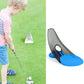 Blue and black golf putting trainer with sloped track and round target opening