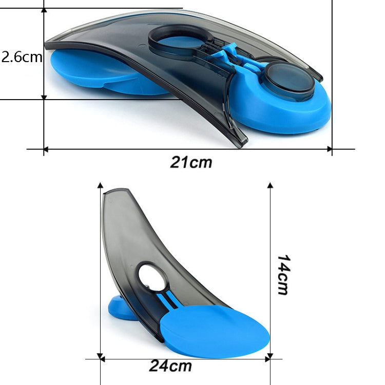 Blue and black golf putting trainer with circular target hole and size diagram