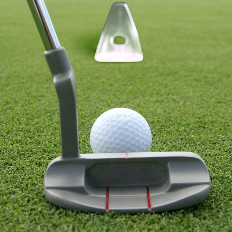 Golf putting practice trainer with ball ramp and two red alignment grooves, dark gray