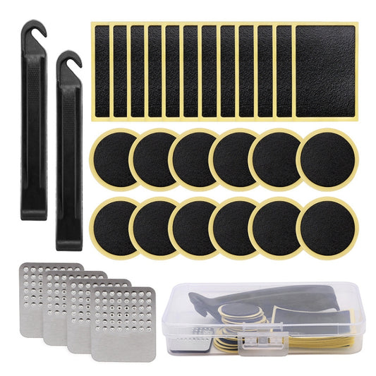 Bicycle tire repair kit set with black patches, tools, and clear storage box