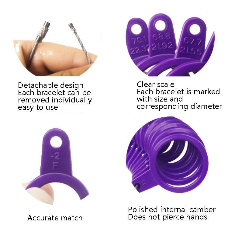 Purple plastic circle measuring bracelet set with detachable bands and scale