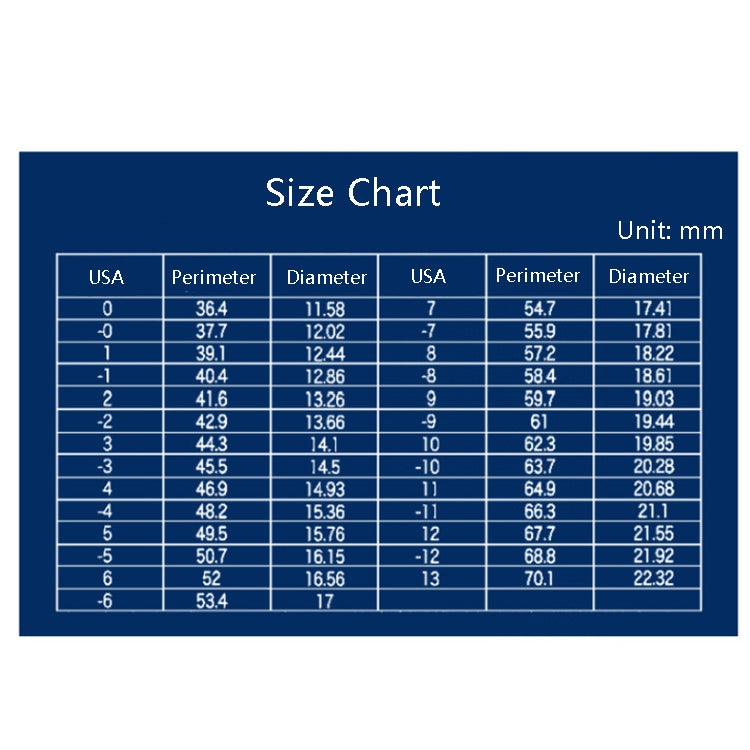 Blue size chart table for perimeter and diameter measurements in mm