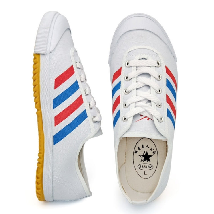 White canvas lace-up track shoes with blue/red stripe; gum-yellow edge outsole visible.