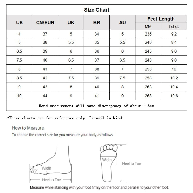Shoe size chart with foot length measurements in MM and inches, plus how-to measure diagram