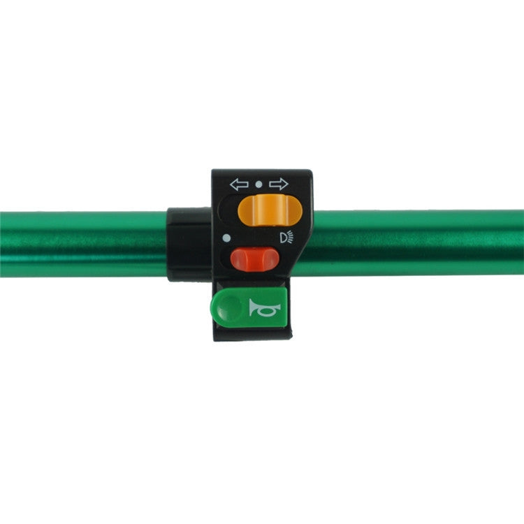 Motorcycle switch clamp with orange, red, and green buttons on a green bar mount