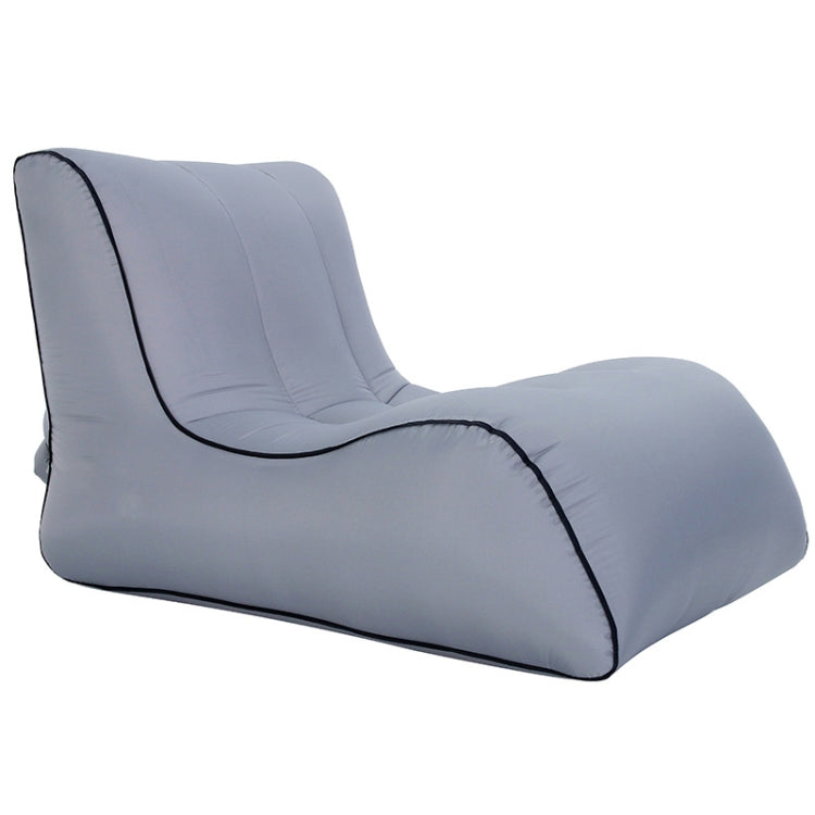 Single inflatable lounge sofa, gray with black piping and supportive backrest.