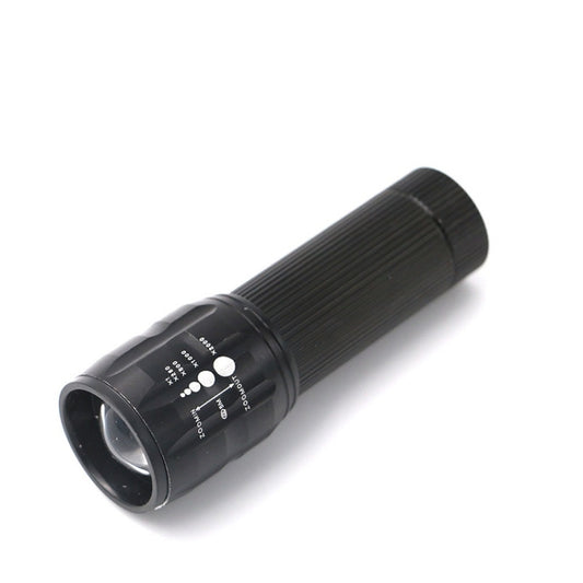 Mini LED flashlight with ribbed aluminum body and side control buttons, black.