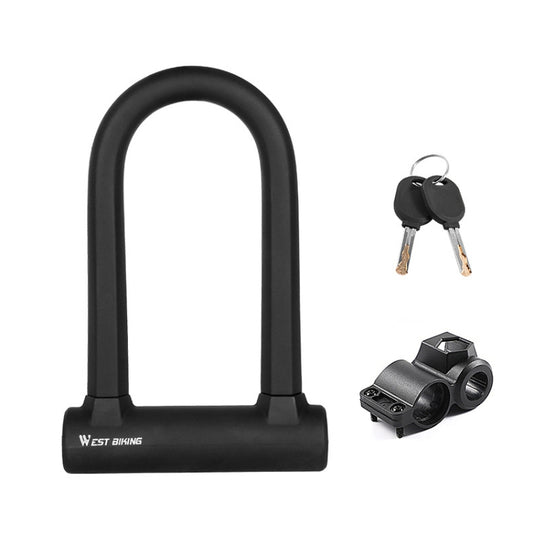 Black U-shaped bike lock with two keys on a key ring