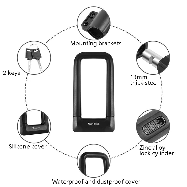 Black bicycle U-lock with waterproof dustproof cover and mounting brackets