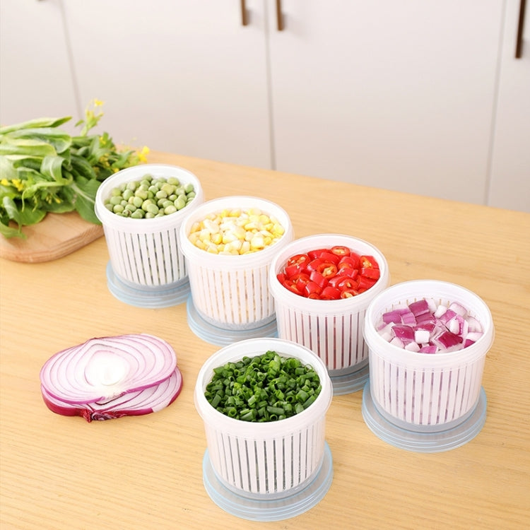 White vegetable storage boxes with sealed lids holding chopped onions, peppers, and greens