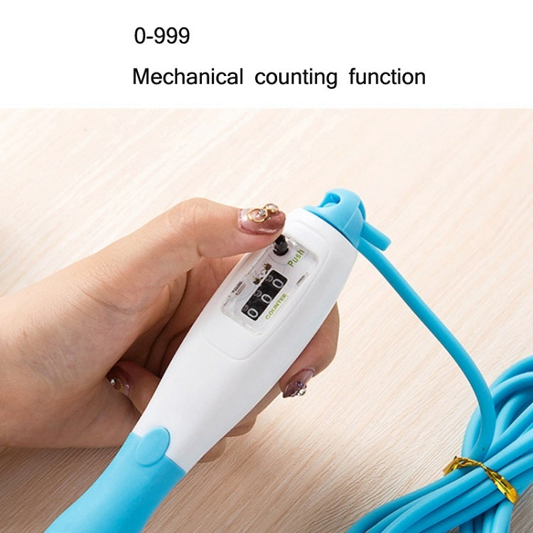 Blue PVC mechanical counting skipping rope with digital-style counter on white handle