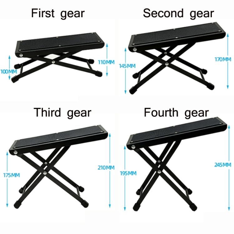 Adjustable folding guitar pedal foot pad shown in four height settings