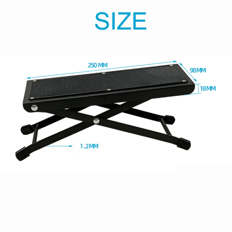 Compact black folding guitar pedal foot pad with textured platform and size guides