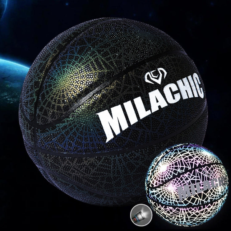 Dark textured basketball with rainbow reflective web, MILACHIC logo, plus mini ball