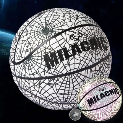 Basketball with black swoosh and web pattern on white, paired with a mini ball