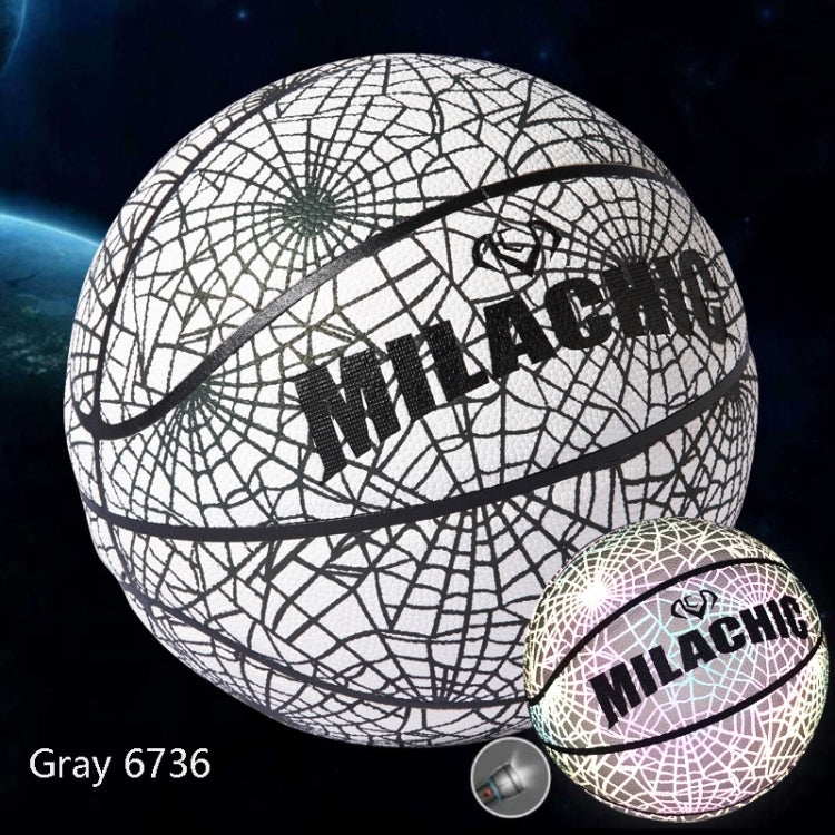 Gray web-pattern basketball with black swoosh and MILACHIC logo, plus mini ball