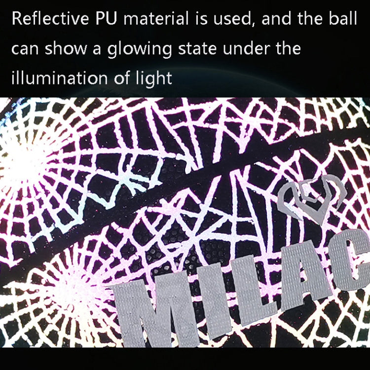 Close-up of reflective web pattern on basketball surface with MILACHIC text