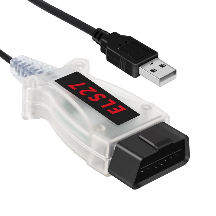 Car fault detection cable with transparent housing and black OBD connector