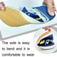 Canvas training sneaker being bent; blue upper with yellow detail and treaded outsole