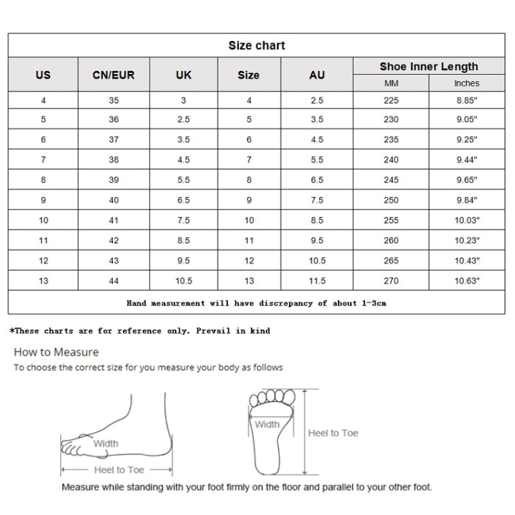 Sneaker size chart with US, CN/EUR, UK, and shoe inner length in mm and inches