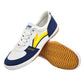 Blue and white canvas training sneakers with yellow accent stripe and non-slip tread sole