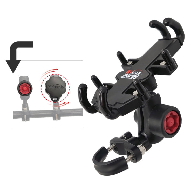 Black phone bracket with T-ball head, red rear mount point, and side gripping clamps