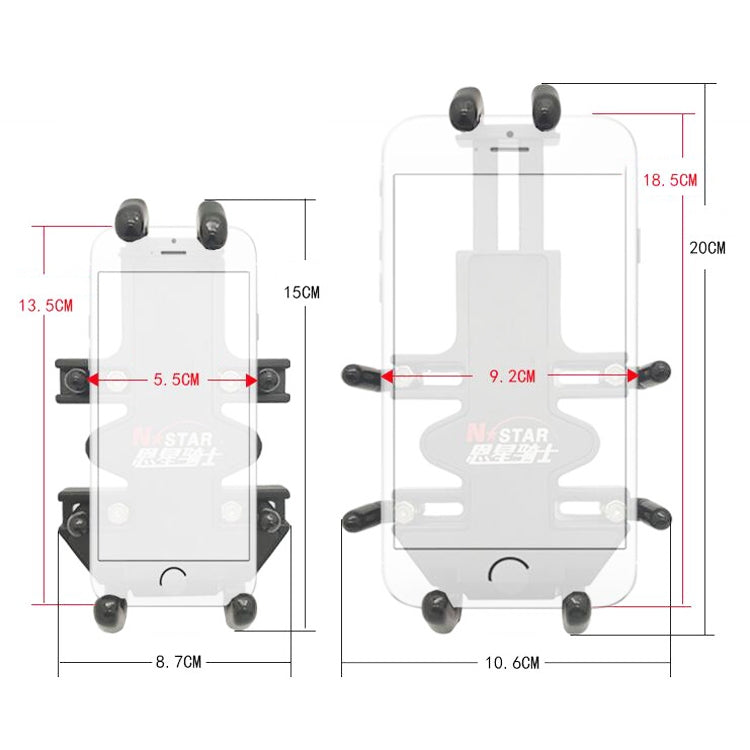 Black motorcycle phone bracket shown with four adjustable corner arms and base plate