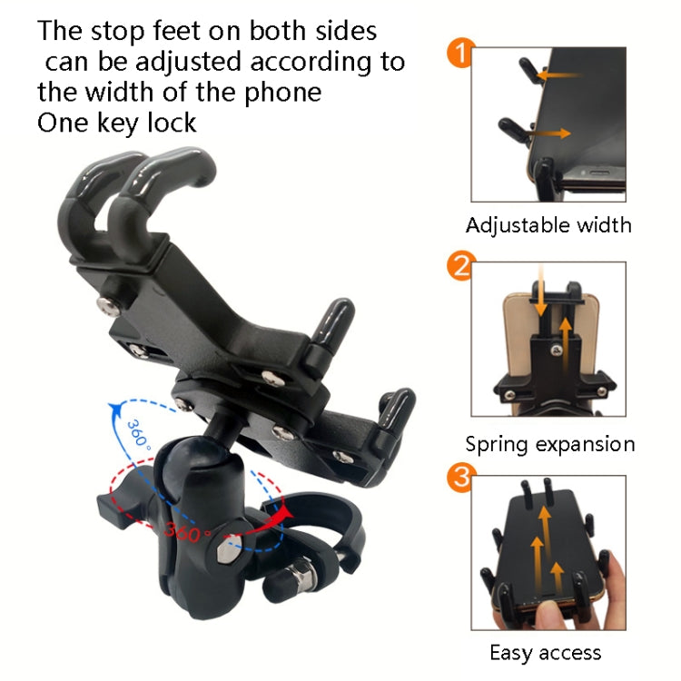 Black adjustable-width motorcycle phone clamp with spring expansion and key-lock