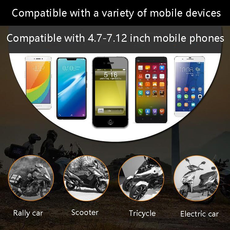 Black motorcycle phone holder compatible with a range of mobile devices sizes