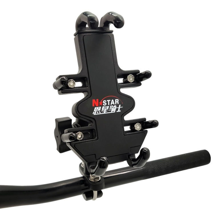 Black N-STAR motorcycle phone bracket on handlebar with T-shaped mount and rubber grip