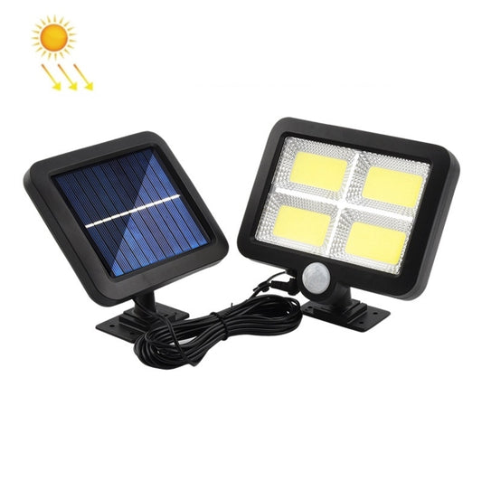 Solar-powered wall light with two solar panels, LED floodlight, and motion sensor, black