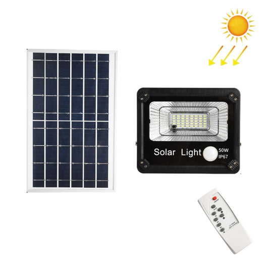 Solar LED flood light with solar panel and remote, black housing, 50W
