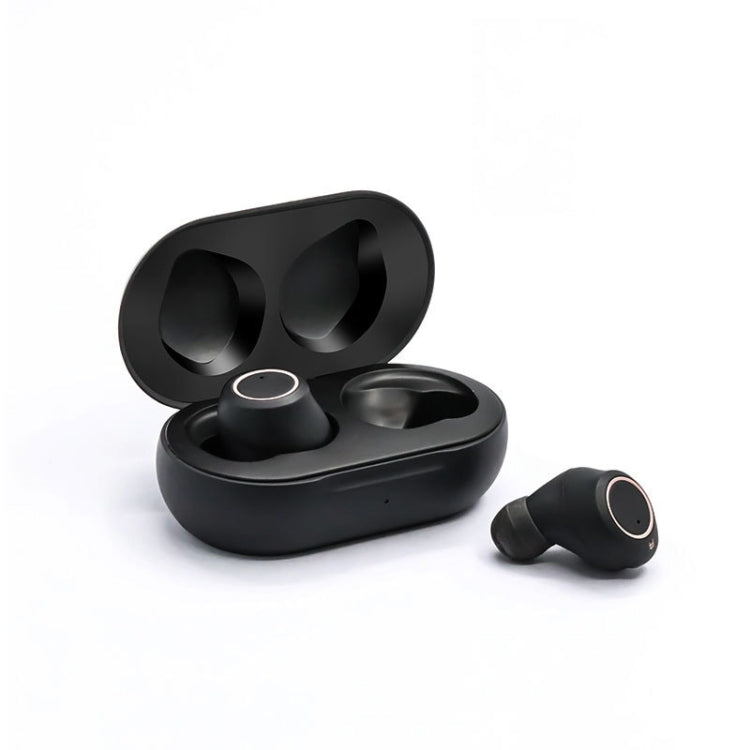 Black wireless earbud hearing aids with open charging case and two earbuds